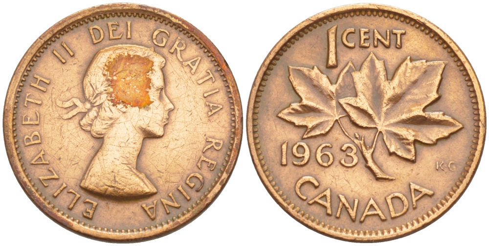 Канада 1 цент 1963 Елизавета II (1952-2022), кленовый лист KM 49 бронза 4547-1068