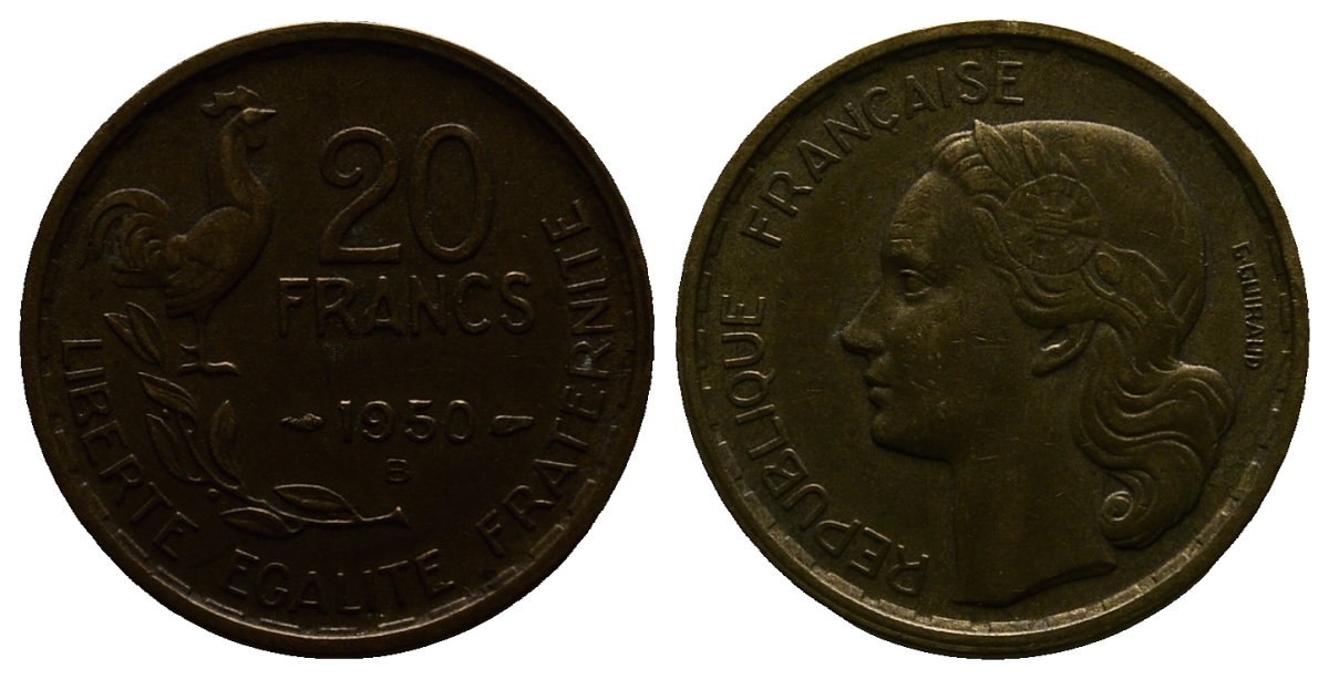 ФРАНЦИЯ 20 ФРАНКОВ 1950 B, 4 ПЕРА KM 917.2, LE FRANC 402.4 алюминиевая бронза 261-822