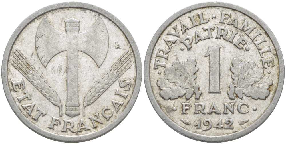 ФРАНЦИЯ 1 ФРАНК 1942 LB, ТИП LOURDЕ, ПРАВИТЕЛЬСТВО ВИШИ KM 902.1, LE FRANC 222.2 алюминий 175-437
