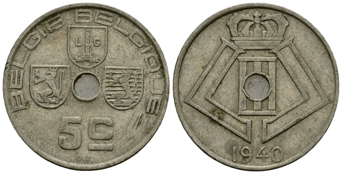 Бельгия 5 сантимов 1940 Belgie - Belgique KM 111 никель латунь 4173-633