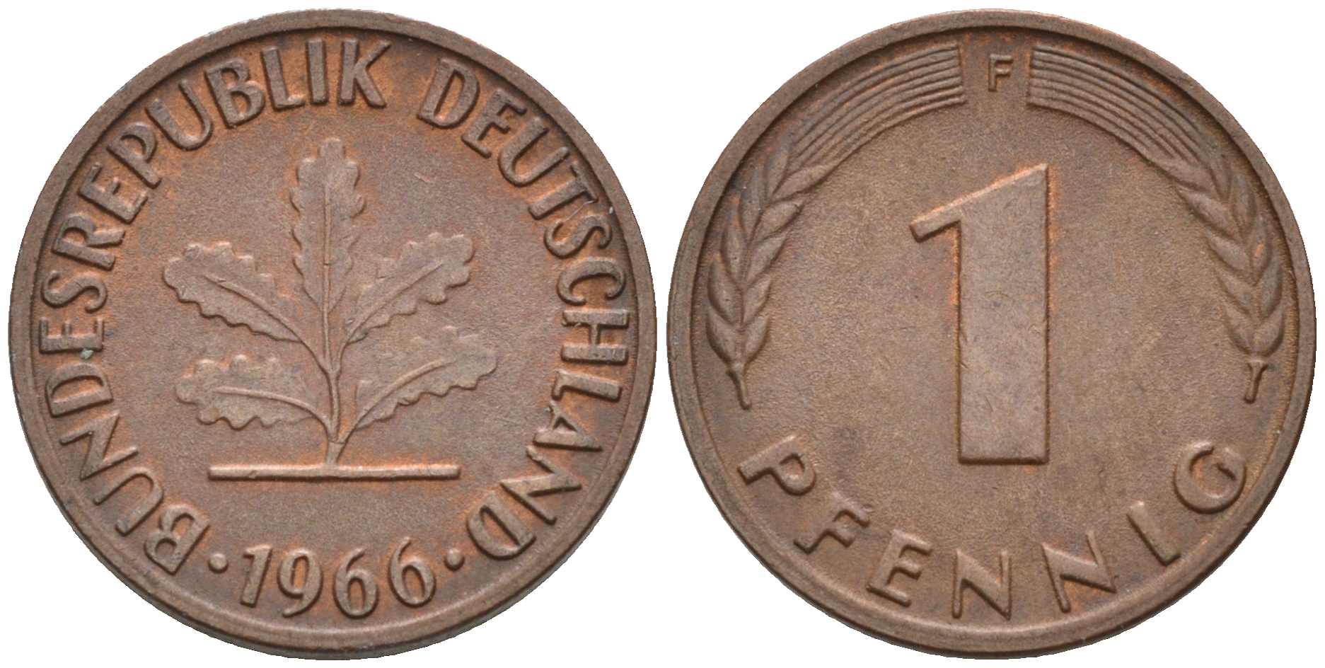 ФРГ 1 пфенниг 1966 F KM 105, J. 380 сталь плакированная медью    4115-116