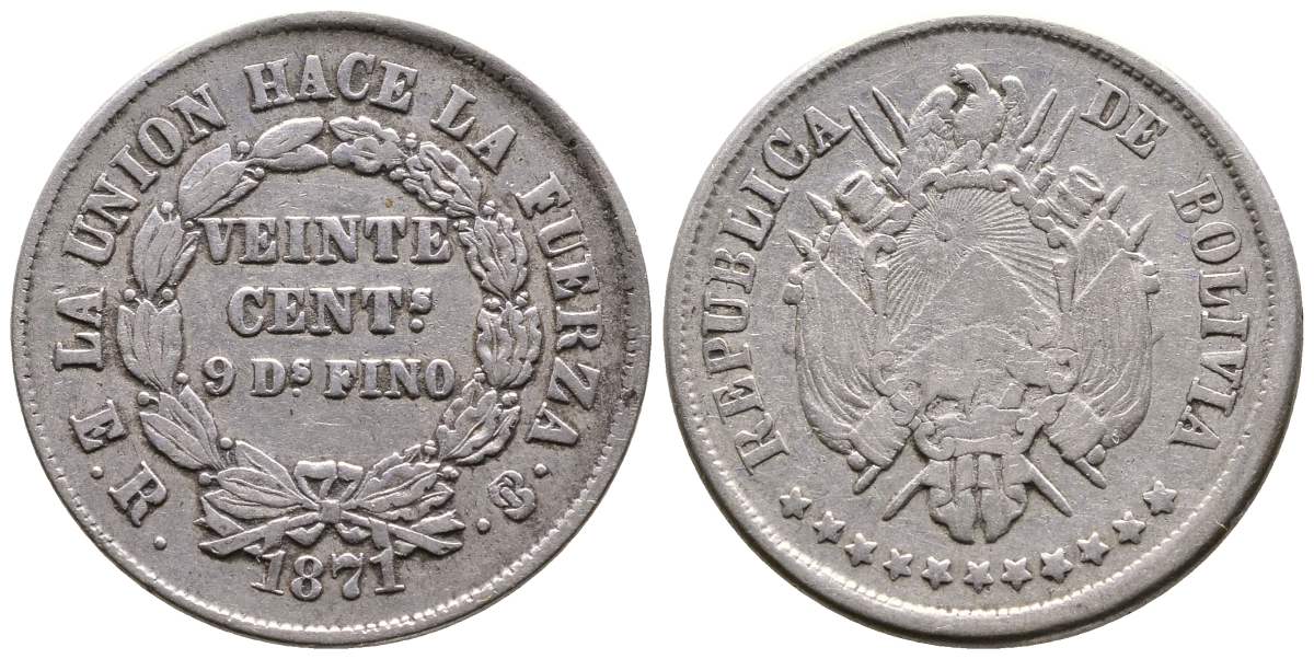 БОЛИВИЯ 20 СЕНТАВО 1871 ER KM 154.1 серебро 4179-1346
