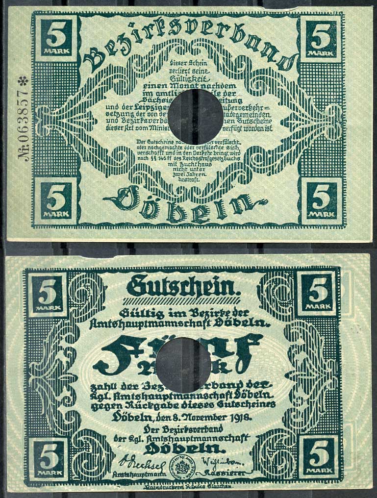 Германия, Дёбельн 5 марок 1918 нотгельд, 8.11.1918, цифры черные, малые Geiger 105.01  бумага  UNC (пресс) 444-114-3-2