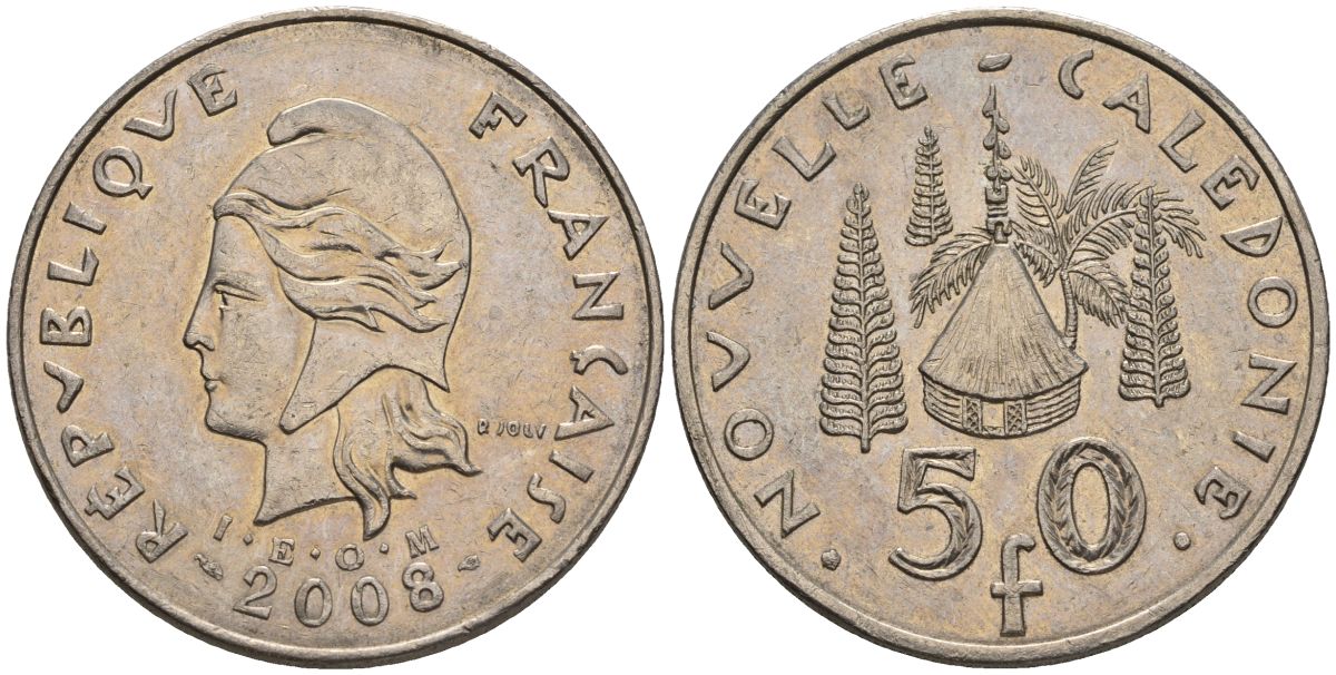 Французская Новая Каледония 50 франков 2008 хижина среди сосен и пальм, (IEOM) KM 13a, Schoen 15a, Lec 128i медно-никель 4111-443