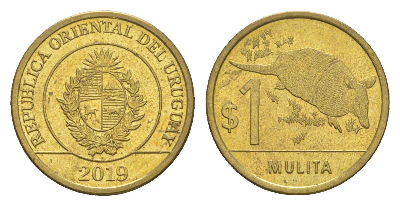 Уругвай 1 песо 2019 KM 135 сталь плакированная латунью UNC 4613-463
