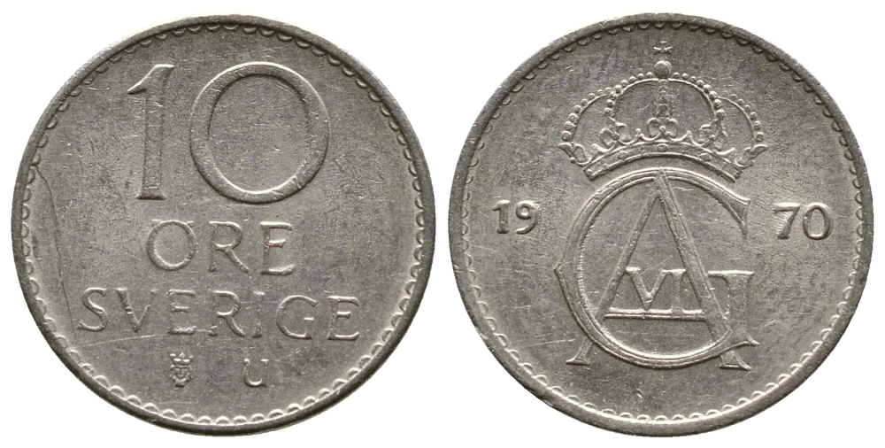 Швеция 10 эре 1970 U Густав VI Адольф (1950-1973) KM 835 медно-никель 3458-151