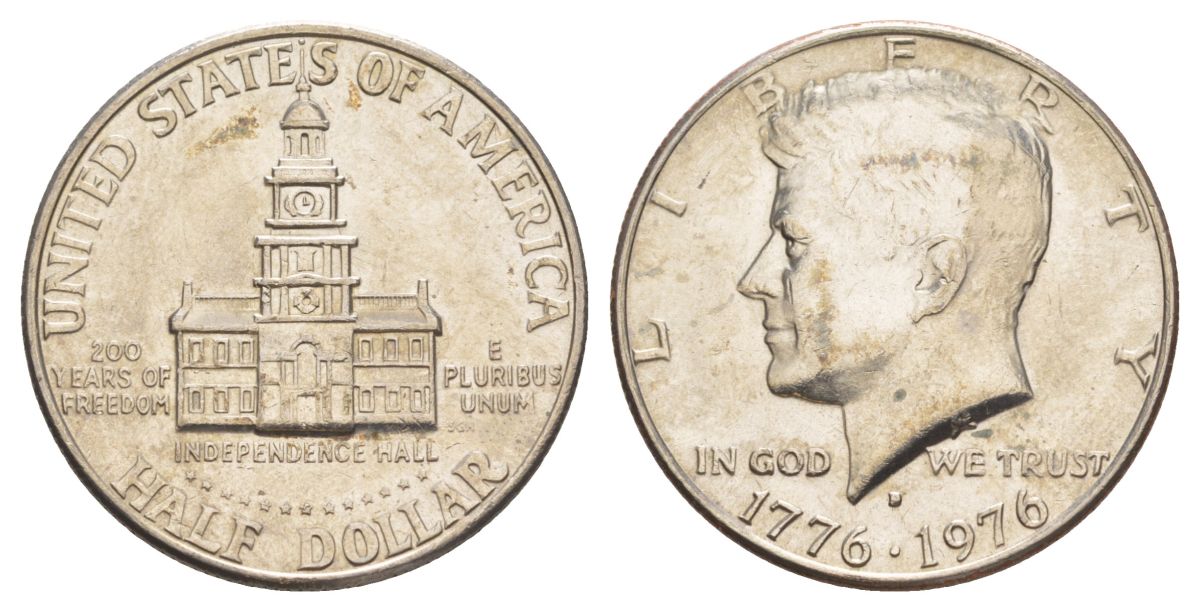 США 1/2 доллара (50 центов) 1976 D, 200 лет независимости, Джон Кеннеди KM 205 медь плакированная медно-никелем aUNC 4545-1013