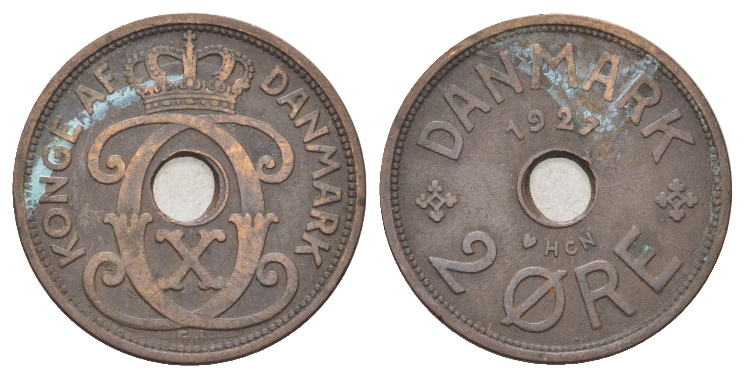 Дания 2 эре 1927 NCH, Кристиан X (1912-1947) KM 827 бронза 4701-635