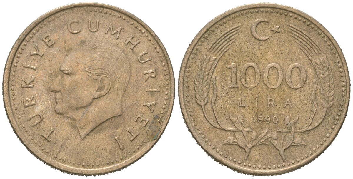 Турция 1000 лир 1990 Кемаль Ататюрк KM 997 медь цинк никель 117-1142