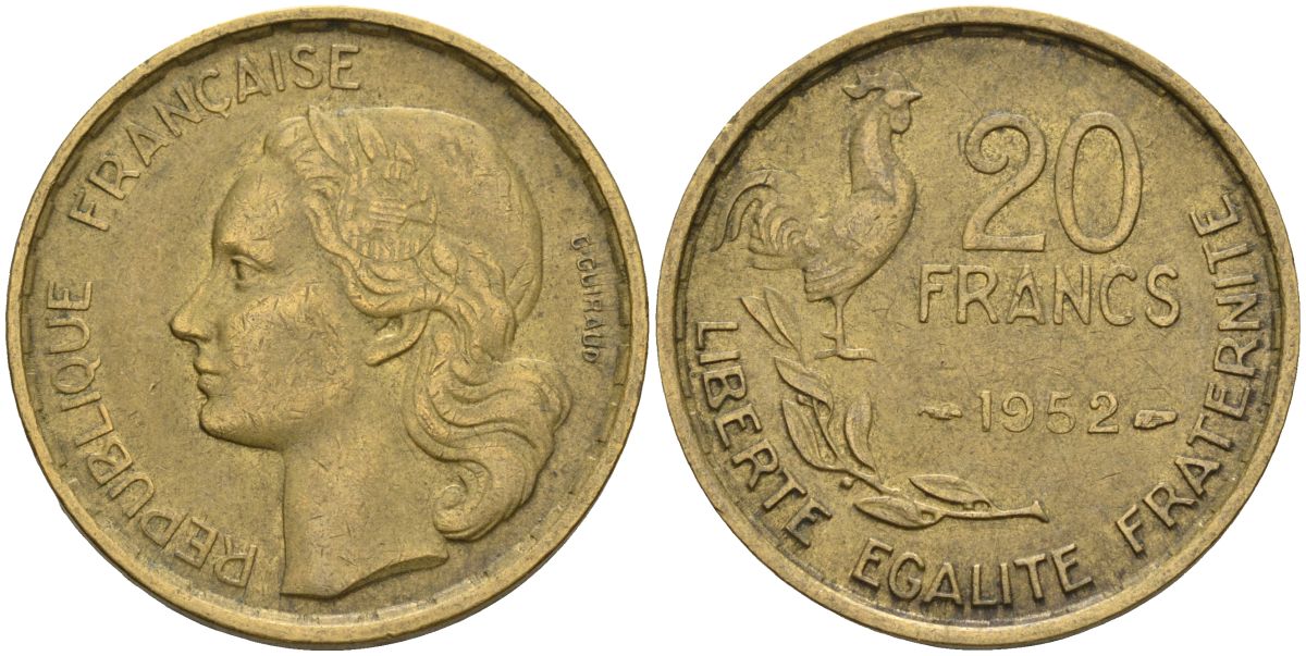 Франция 20 франков 1952 B, петух KM 917.1 алюминиевая бронза 4606-721