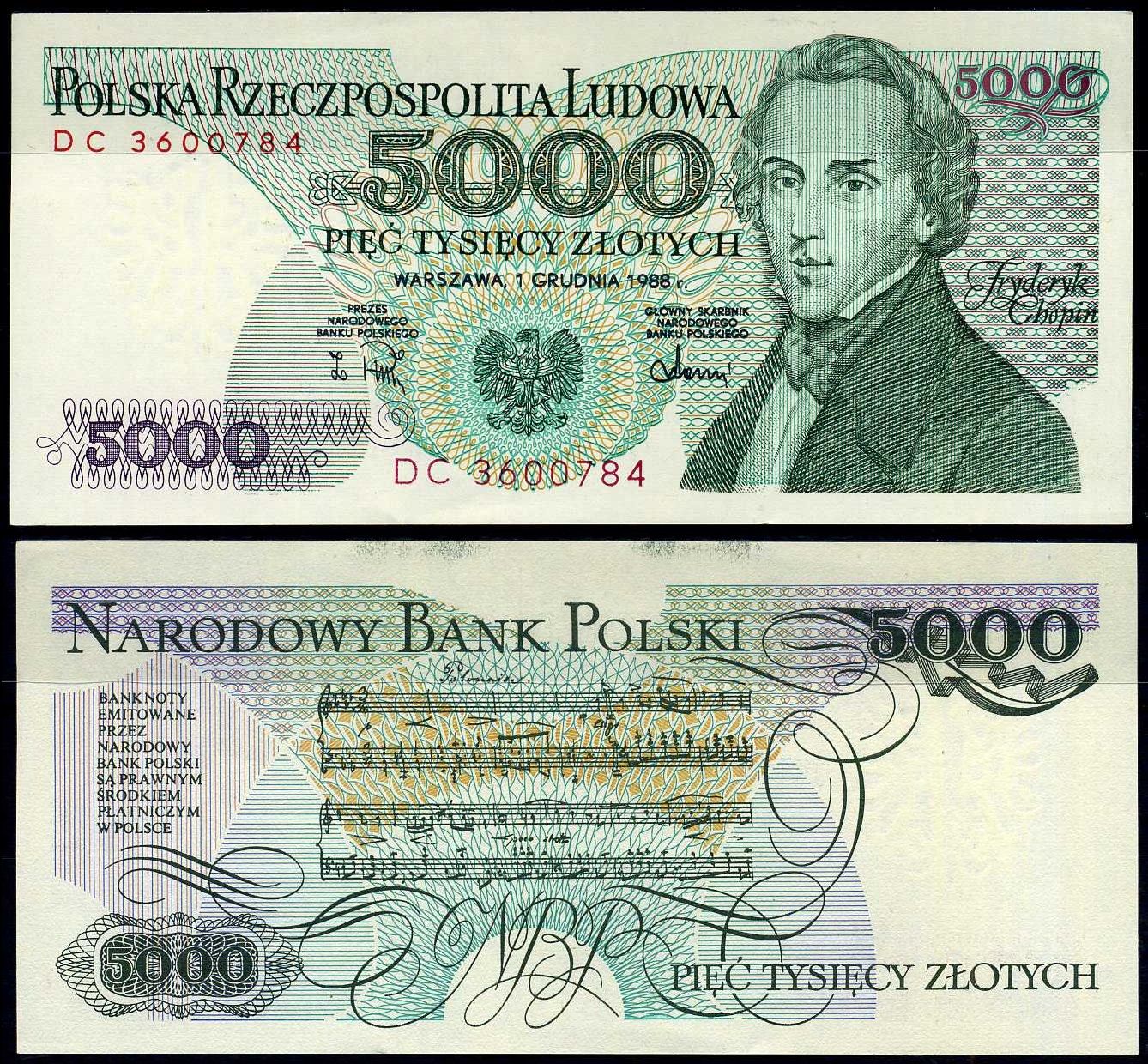 Польша 5000 злотых 1988 Pick 150 c бумага UNC (пресс) 7222-26-3-2