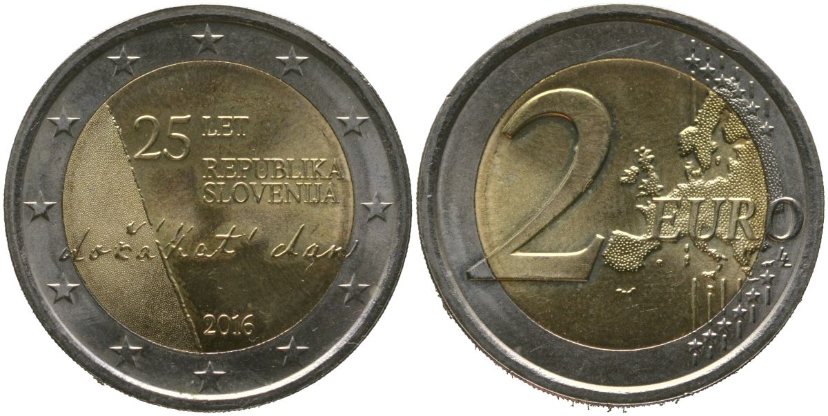 Словения 2 евро 2016 25 лет Независимости KM 126 биметалл UNC 4551-515