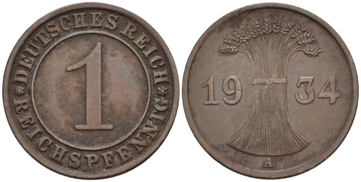 Германия 1 рейхспфенниг 1934 A, Веймарская республика KM 37 бронза 4387-914