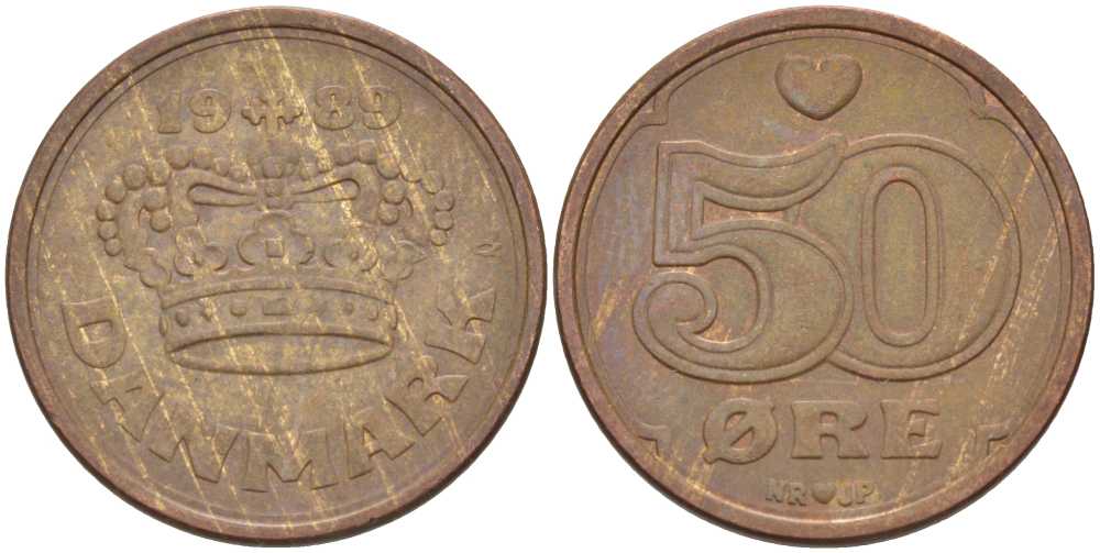 Дания 50 эре 1989 Маргрете II (1972- ) KM 866.1 бронза 94-1053