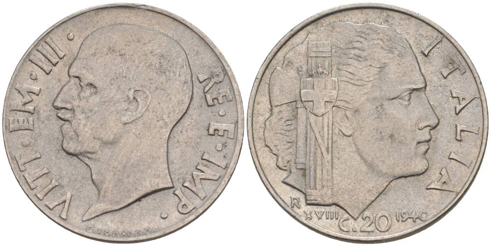 ИТАЛИЯ 20 ЧЕНТЕЗИМО 1940 R, ГОД XVIII, ВИКТОР ЭММАНУИЛ III (1900-1946), СЛАБО МАГНИТНАЯ, ГУРТ РИФЛЁНЫЙ KM 75d, VEM3. 1026a) нержавеющая сталь 3853-534