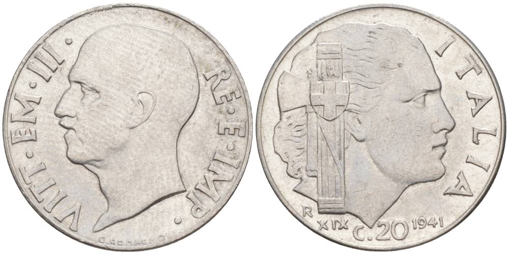 ИТАЛИЯ 20 ЧЕНТЕЗИМО 1941 R, ГОД XIX, ВИКТОР ЭММАНУИЛ III (1900-1946) KM 75b, VEM3. 1028 нержавеющая сталь 3853-1027