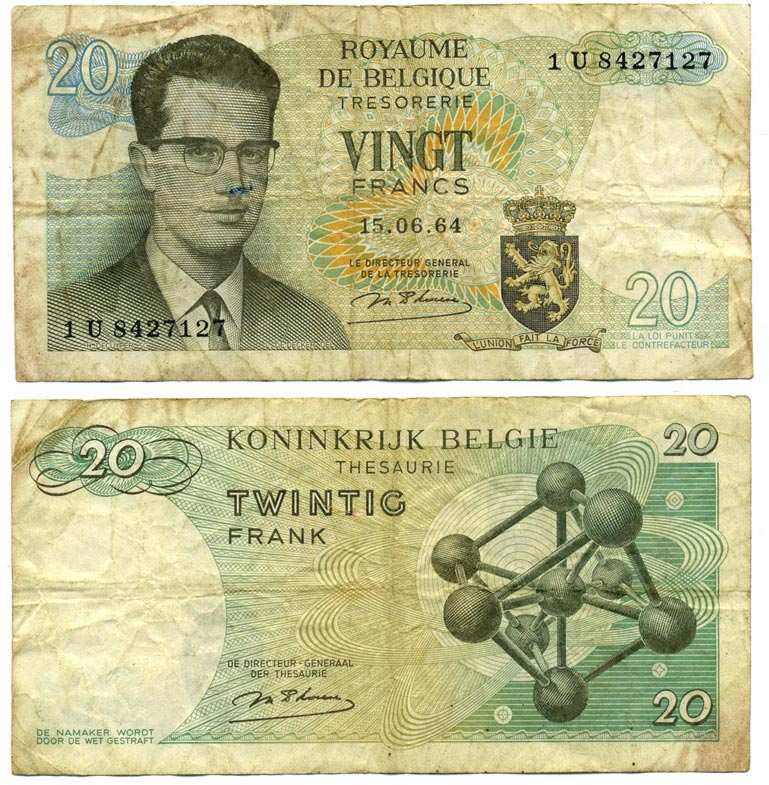 Бельгия 20 франков 1964 Бодуэн I, атомиум, d Haeze Pick 138 (1) бумага 6262-51-1-2