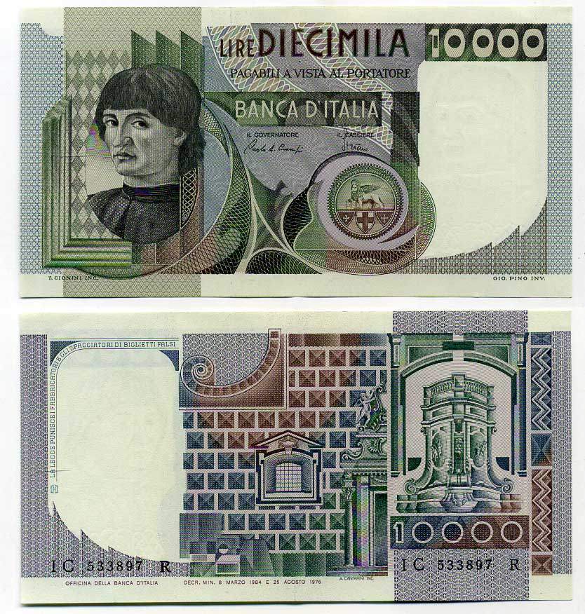 Италия 10000 лир 1984 Мужской портрет Андреа дель Кастаньо Pick 106c 7204-27-3