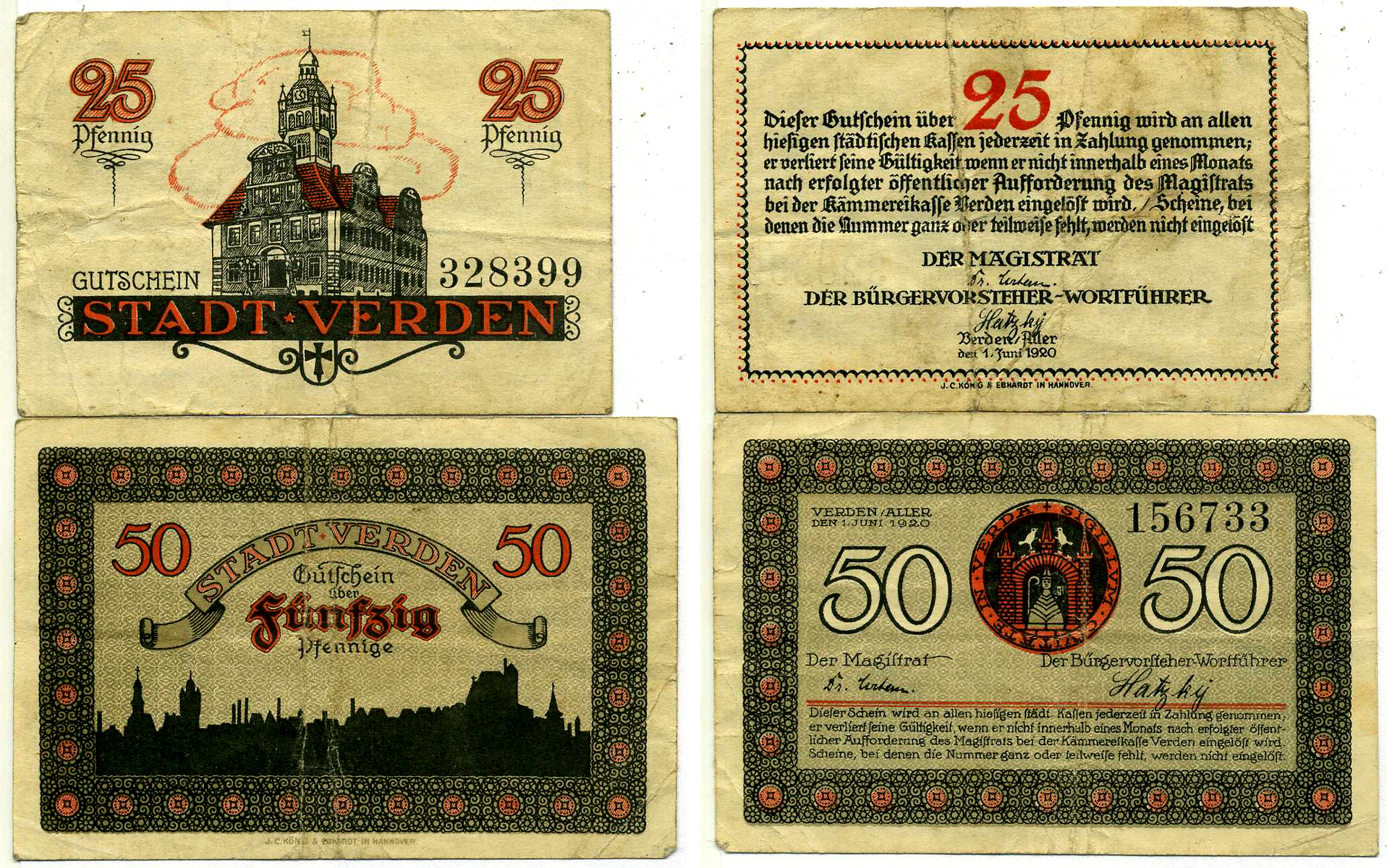 ФЕРДЕН НАБОР ИЗ 2 БАНКНОТ 1920 1 ИЮНЯ 1920, НОТГЕЛЬД (25 И 50 ПФЕННИГОВ), ЗЕМЛЯ НИЖНЯЯ САКСОНИЯ Grabowski V3.4a, V3.4b бумага 2193-8-2-1