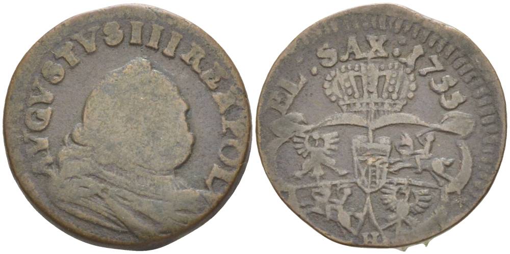 Польша 3 сольди (1 грош) 1755 H, Фридрих Август III (1733-1763), вес 3,68 гр. KM 147.2 (C2a) медь 1517-1114