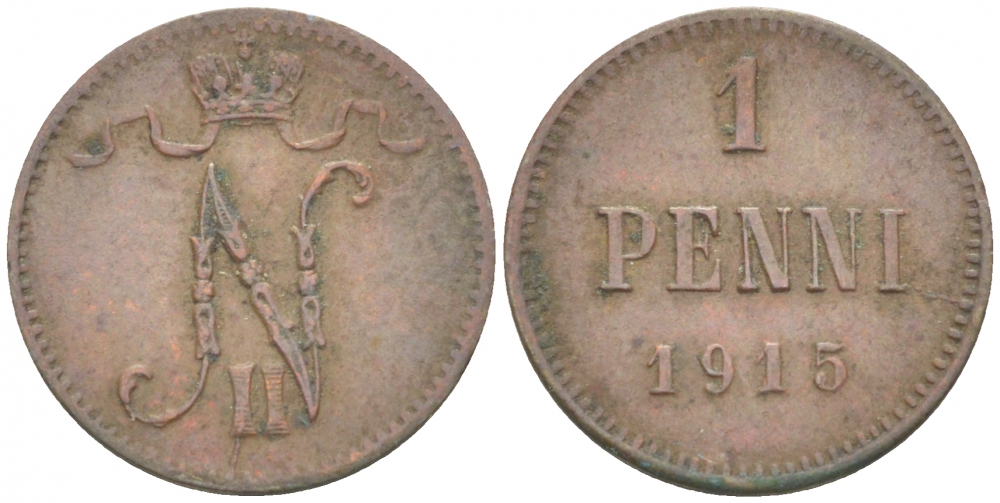 РОССИЯ ДЛЯ ФИНЛЯНДИИ 1 ПЕННИ 1915 НИКОЛАЙ II KM 13, Биткин 475 медь 261-1142