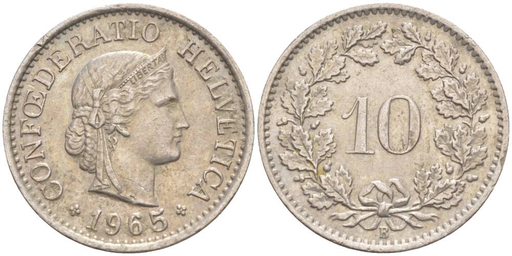 Швейцария 10 раппенов 1965 В KM 27 медно-никель 55-344