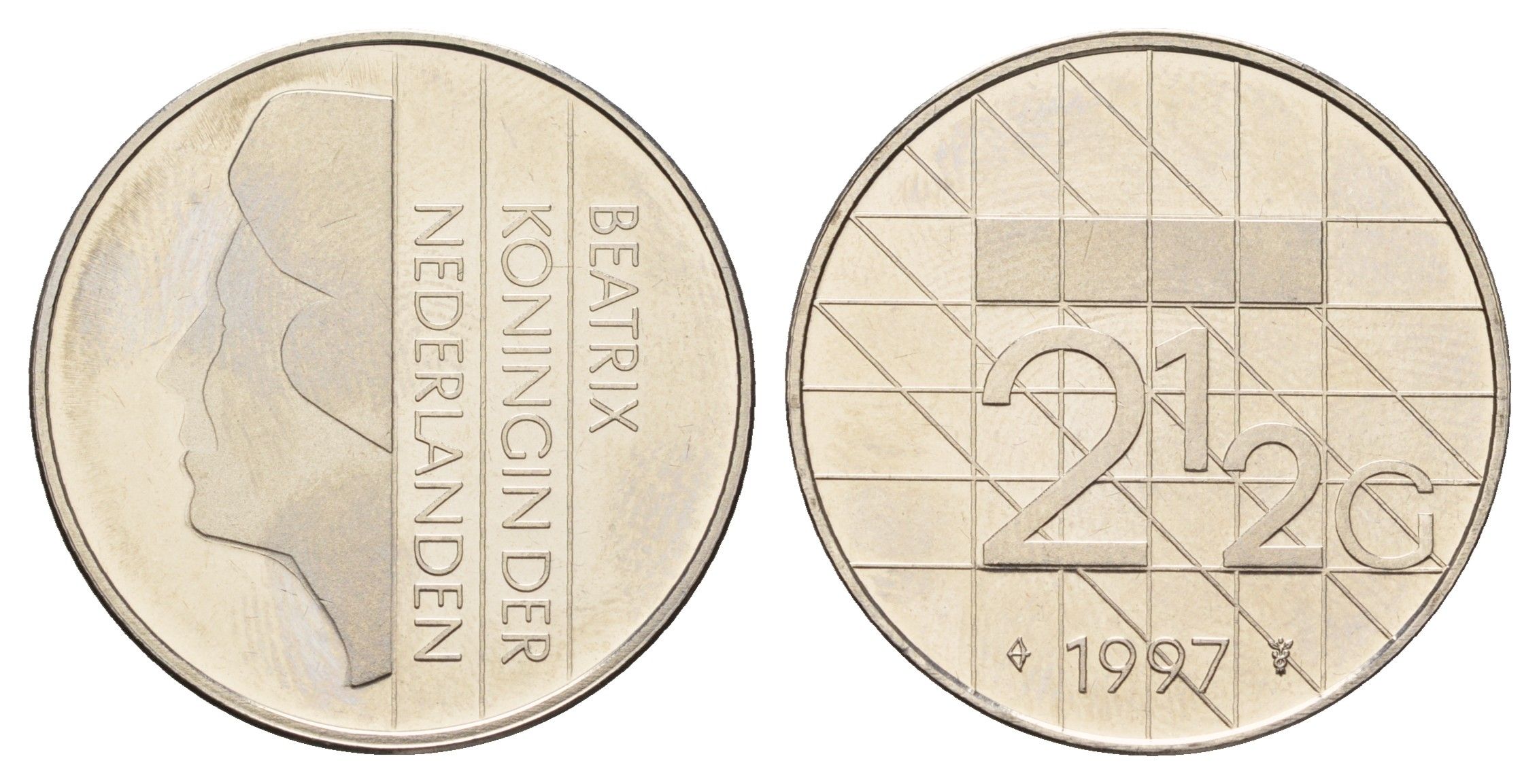 Нидерланды 2 1/2 гульдена 1997 Беатрикс (1980-2013), редкий год KM 206 никель UNC 4367-733