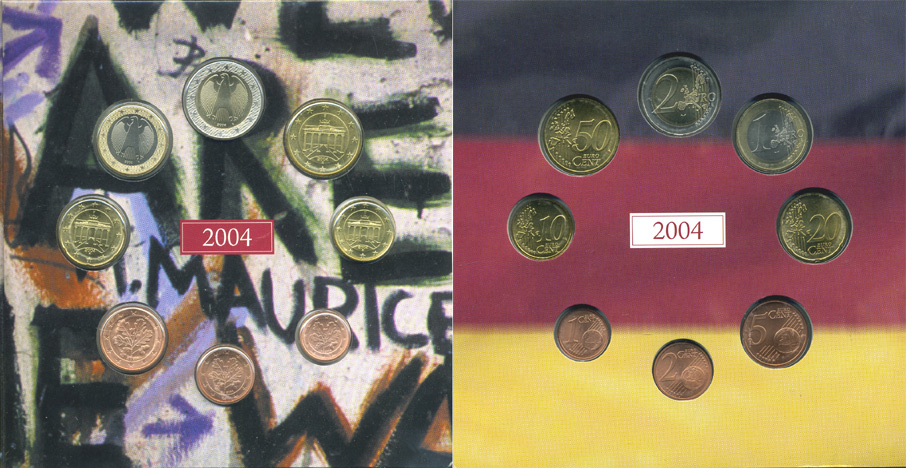 Германия набор из 3 евронаборов по 8 монет 2002-2004 буква A, мондвор Берлин, оригинальный официальный набор в картонном буклете UNC 2-5-1-11