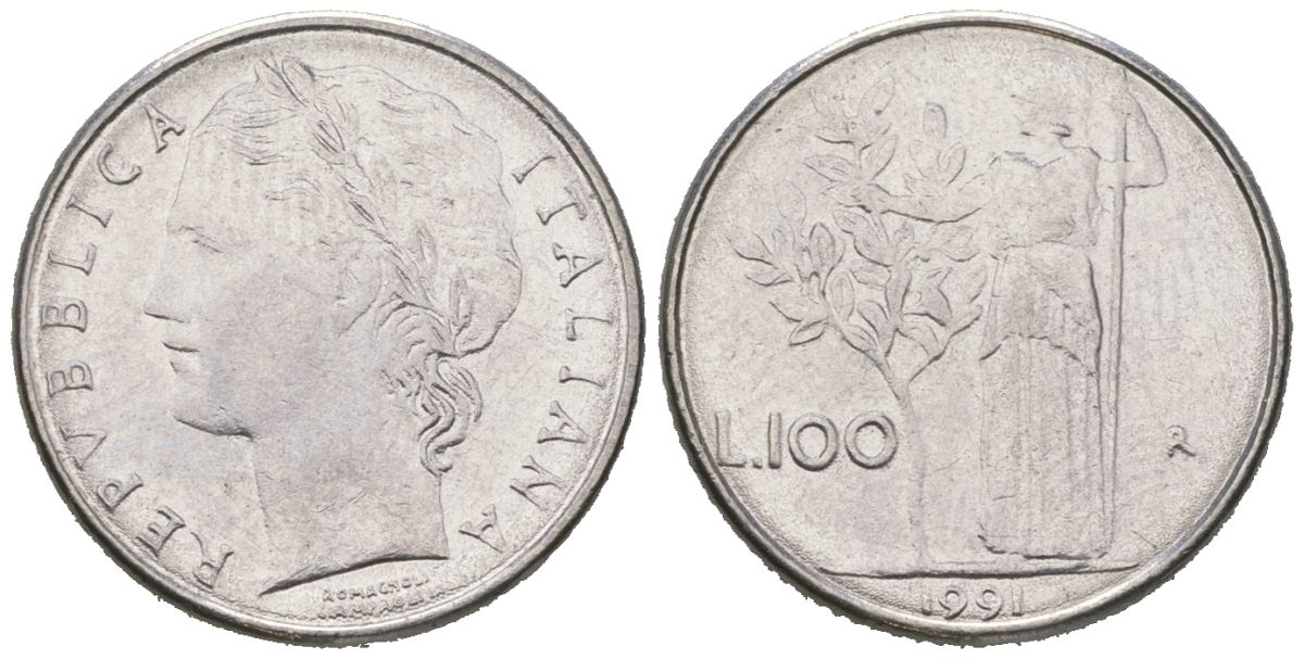 Италия 100 лир 1991 R, Афина в доспехах KM 96.2 нержавеющая сталь 4618-661