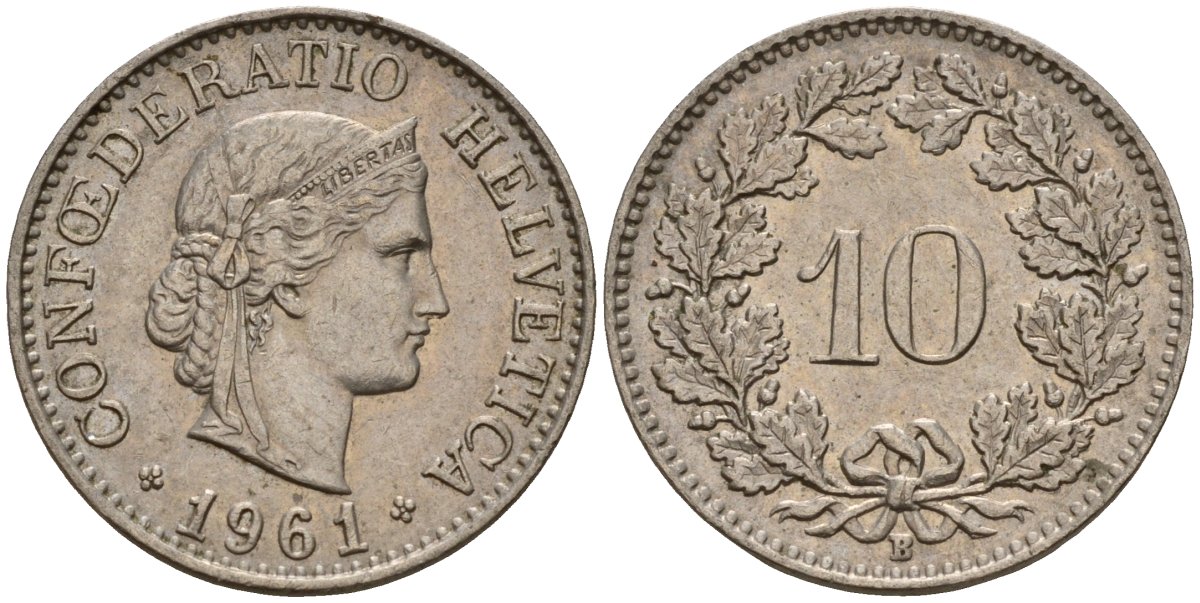 Швейцария 10 раппенов 1961 B KM 27 медно-никель 4189-358
