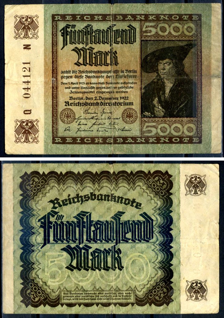 Германия 5000 марок 1922 2 декабря 1922, водяной знак E, серия N, буква Q Pick 81 a бумага 8589-12-2-1