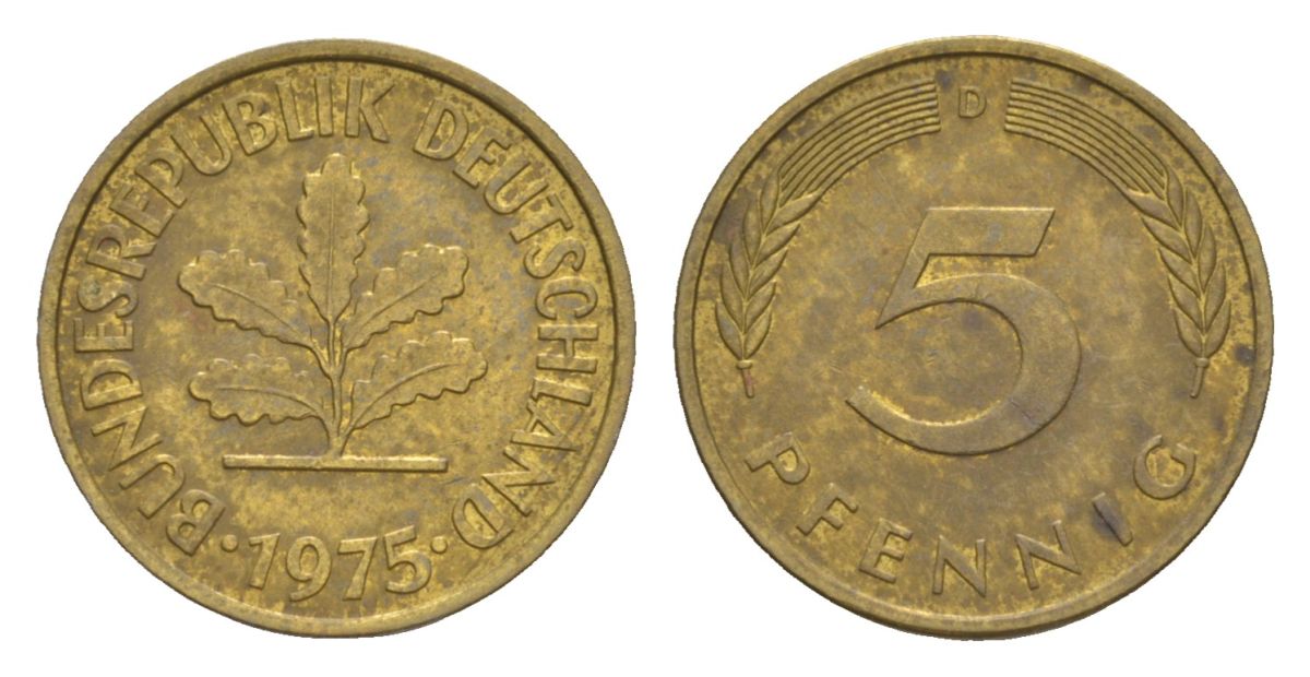 ФРГ 5 пфеннигов 1975 D KM 107, J. 382 сталь плакированная латунью 4630-1245