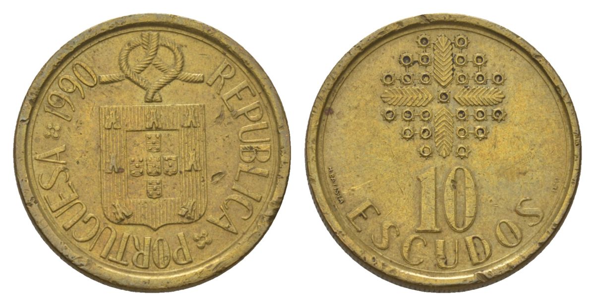 Португалия 10 эскудо 1990 KM 633 никель латунь 4626-333