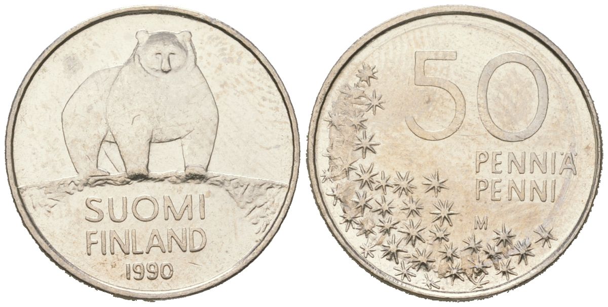 Финляндия 50 пенни 1990 M, полярный медведь KM 66 медно-никель UNC 96-648