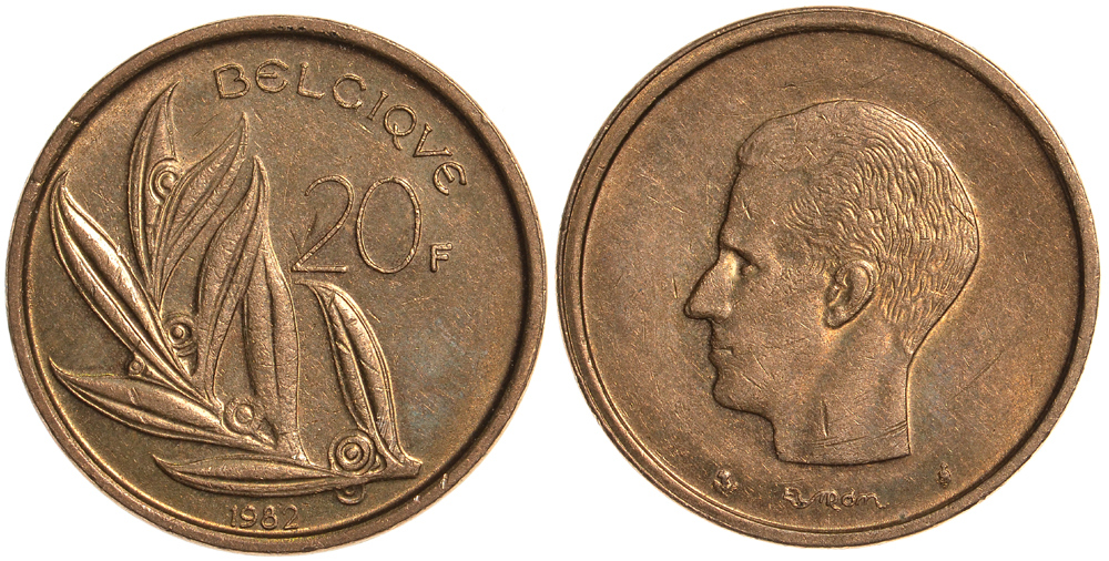 БЕЛЬГИЯ 20 ФРАНКОВ 1982 BELGIQUE KM 159 никель бронза 76-717