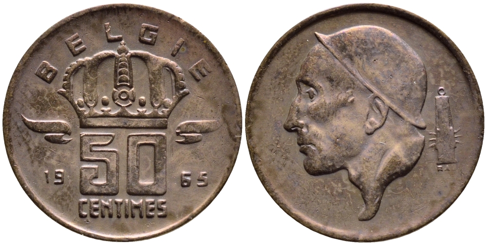 БЕЛЬГИЯ 50 САНТИМОВ 1965 BELGIE KM 149.1 бронза 4392-841