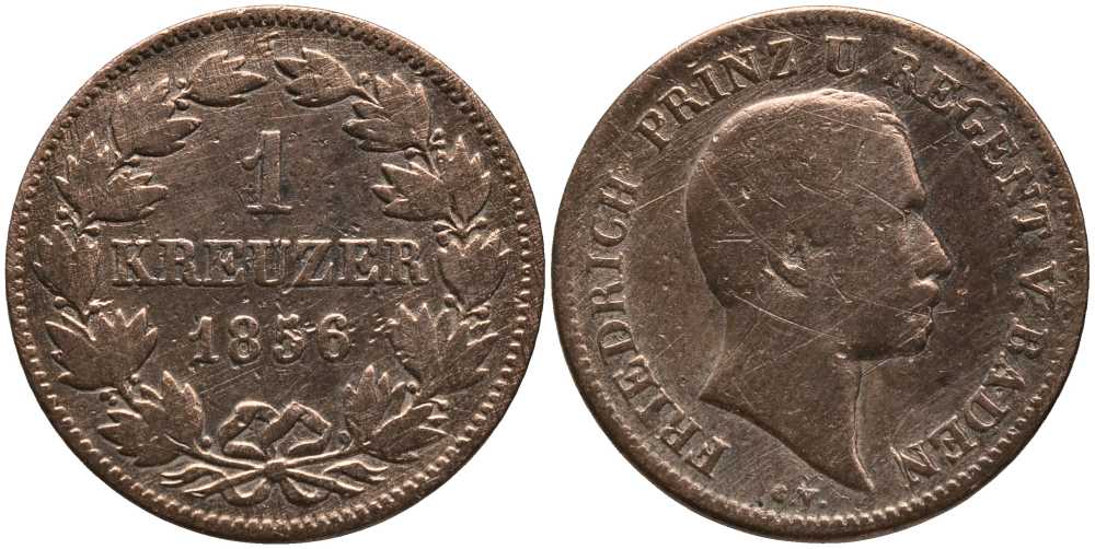 Баден 1 крейцер 1856 Людвиг II Баденский KM 231 медь 117-446
