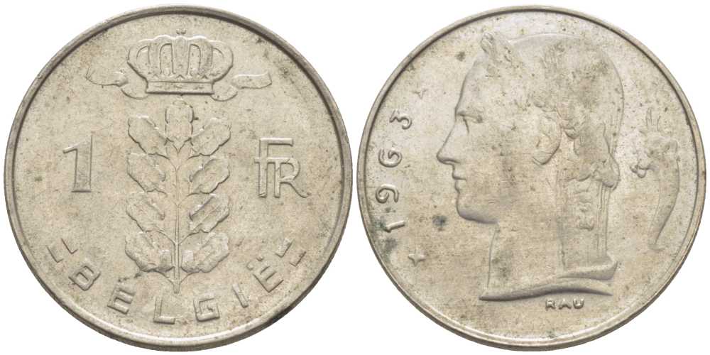 БЕЛЬГИЯ 1 ФРАНК 1963 BELGIE, БОДУЭН I (1951-1993) KM 143.1 медно-никель 119-554