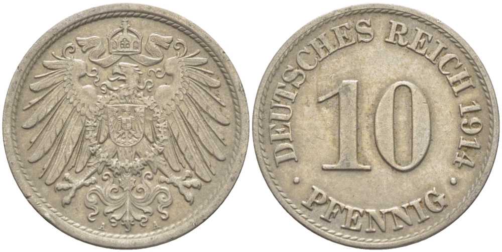 ГЕРМАНИЯ 10 ПФЕННИГОВ 1914 А KM 12, J. 13 медно-никель 210-716
