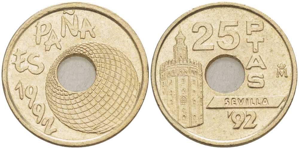 Испания 25 песет 1992 золотая башня в Севилье, EXPO 1992, Хуан Карлос I (1975-2014) KM 905 никель-бронза 213-213