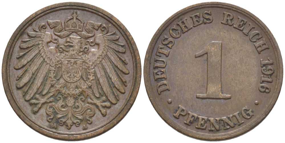 ГЕРМАНИЯ 1 ПФЕННИГ 1916 A KM 10, J. 10, Weege 2 медь 206-453