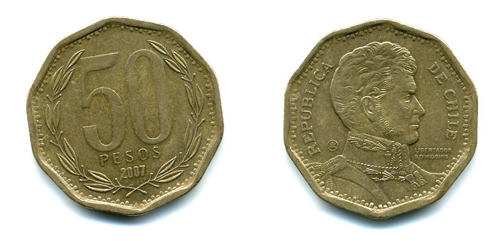 Чили 50 песо 2007 Бернардо О’Хиггинс KM 219.2 алюминиевая бронза 35-446