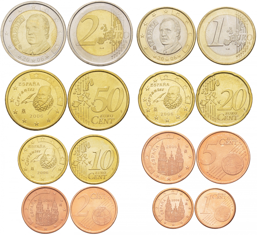 Испания полный евронабор из 8 монет 2006 1, 2, 5, 10, 20, 50 евроцентов, 1 и 2 евро KM 1040, 1041, 1042, 1070, 1071, 1072, 1073, 1074 N6-08