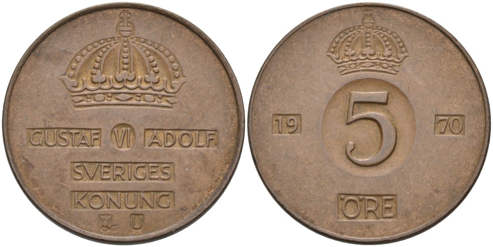 Швеция 5 эре 1970 U, Густав VI Адольф (1950-1973) KM 822 бронза 4557-834