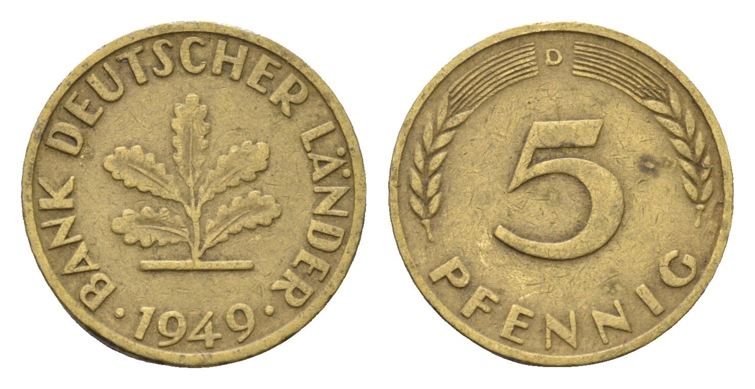 ФРГ 5 пфеннигов 1949 D KM 102, J. 377 сталь плакированная латунью 4685-361