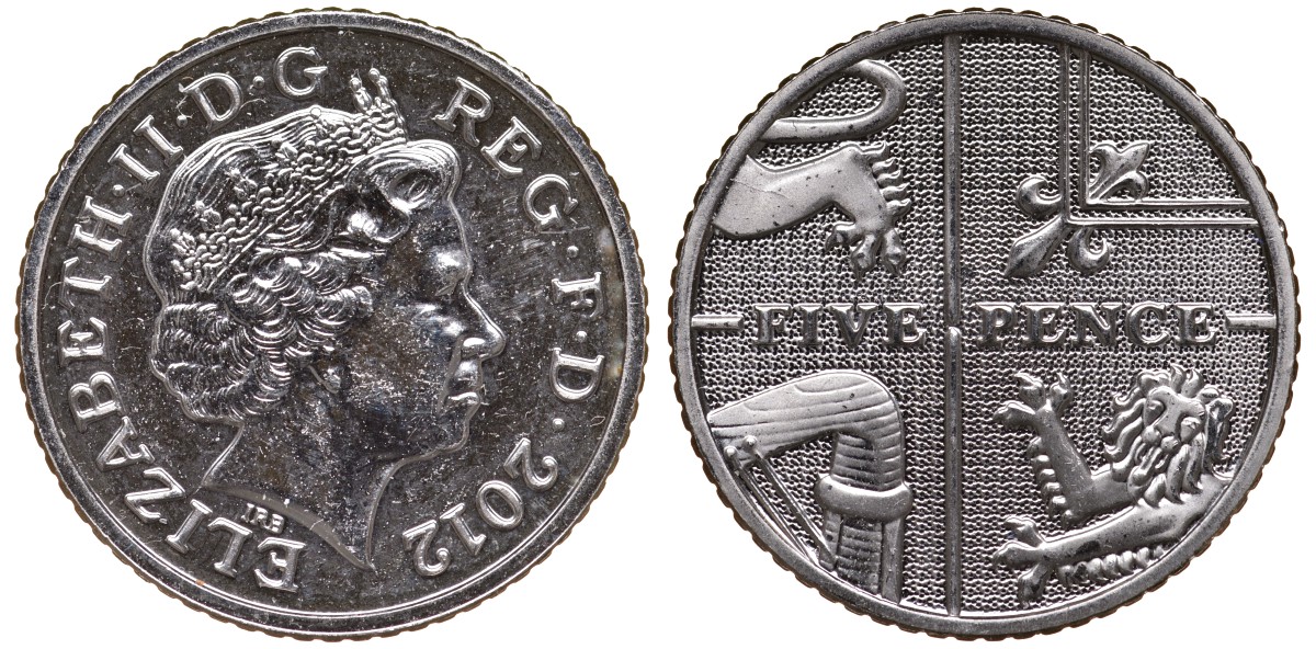 Великобритания 5 пенсов 2012 Елизавета II (1952-2022) KM 1109d, Spink 4671 (D7) медно-никель 4124-713