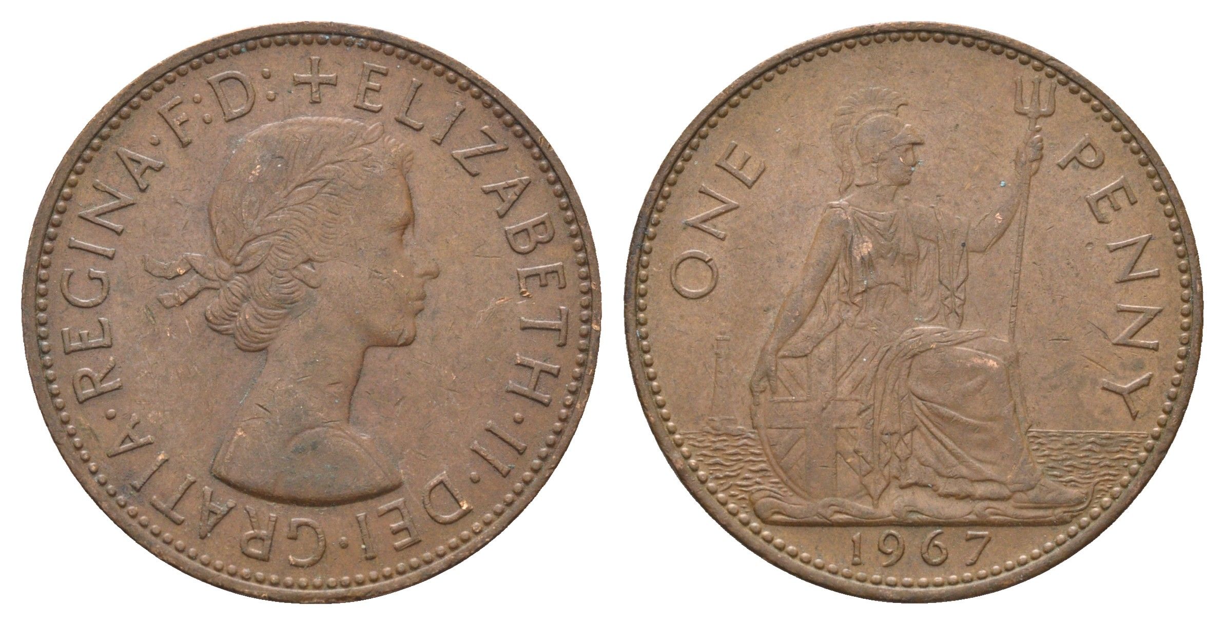 Великобритания 1 пенни 1967 Елизавета II (1952-2022) KM 897, Spink 4157 бронза 4661-1035