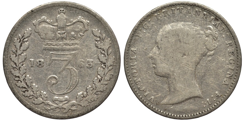 Великобритания 3 пенса 1863 Виктория (1837-1901) KM 730, Spink 3914A серебро 4528-359