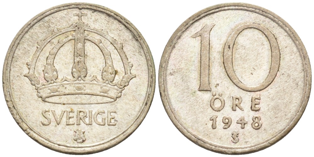 Швеция 10 эре 1948 TS, Густав V (1907-1950) KM 813 серебро 192-135