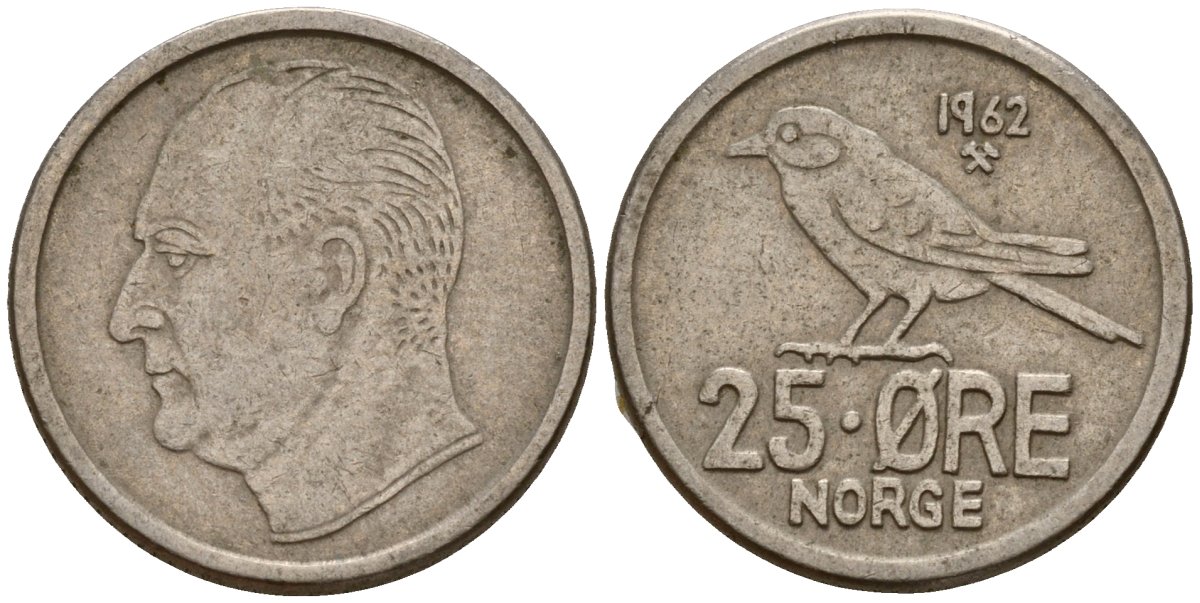 Норвегия 25 эре 1962 Улаф V (1958-1991), синица KM 407 медно-никель 4154-811